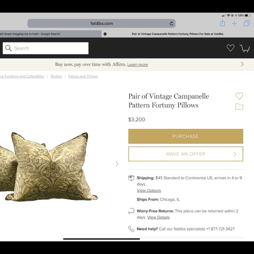 Pair vintage Fortuny pillows yellow gold silver - Picture 4 of 8